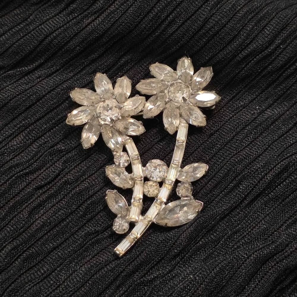 Vintage Rhinestone Flower Brooch Silver Floral Pin Retro Glam Statement